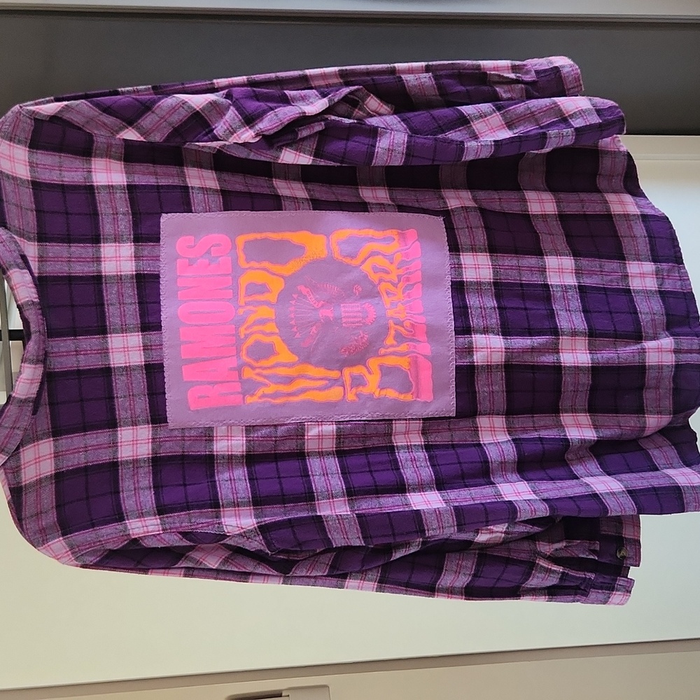 Upcycled Ramones Mondo Bizarro Purple Plaid Womens Flannel.